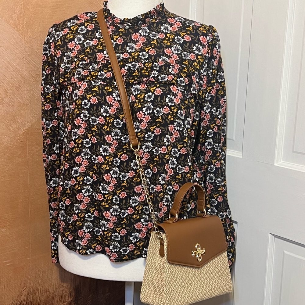 #156 LOFT BLACK FLORAL PRINT LONG SLEEVE RUFFLE NECK BLOUSE TOP SIZE MEDIUM